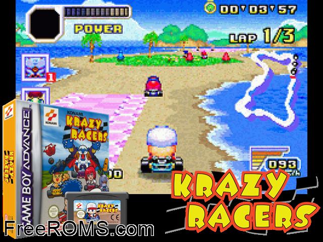 Konami Krazy Racers Gameboy Advance game showing 3D box cover and gameplay screenshot