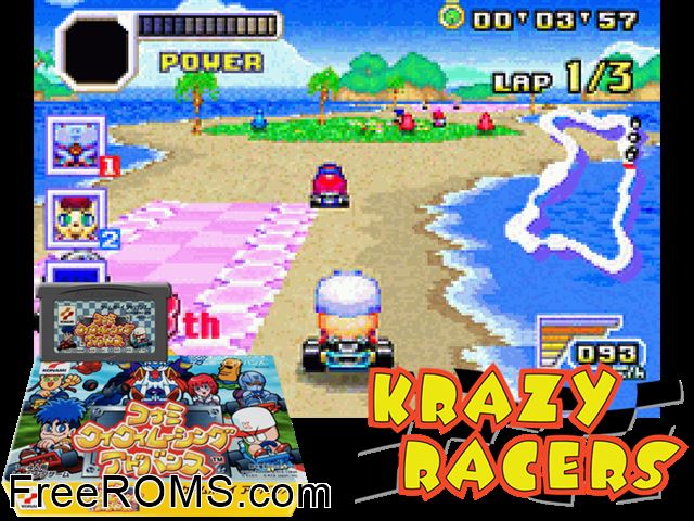 Konami Wai Wai Racing Advance (Japan) Gameboy Advance game showing 3D box cover and gameplay screenshot