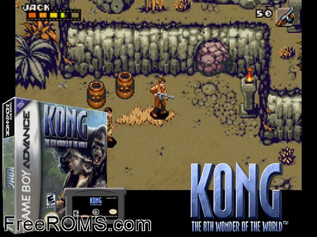 Kong - The 8th Wonder Of The World Gameboy Advance game showing 3D box cover and gameplay screenshot