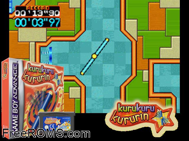 Kurukuru Kururin Gameboy Advance game showing 3D box cover and gameplay screenshot