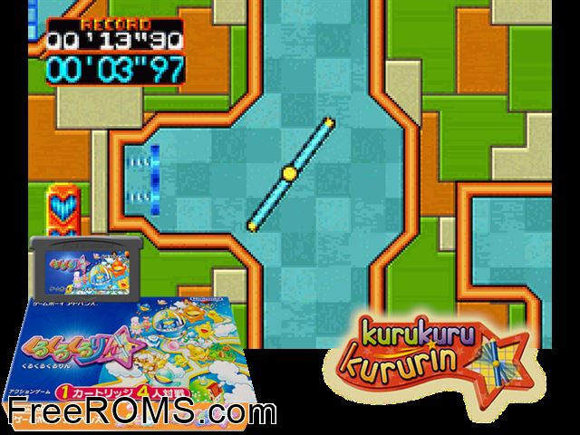 Kurukuru Kururin (Japan) Gameboy Advance game showing 3D box cover and gameplay screenshot