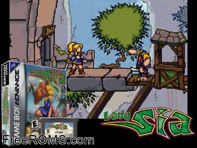 Lady Sia Gameboy Advance game showing 3D box cover and gameplay screenshot