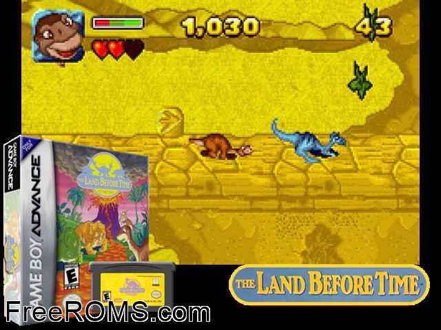 Land Before Time, The Gameboy Advance game showing 3D box cover and gameplay screenshot