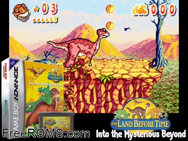 Land Before Time, The - Into The Mysterious Beyond Gameboy Advance game showing 3D box cover and gameplay screenshot
