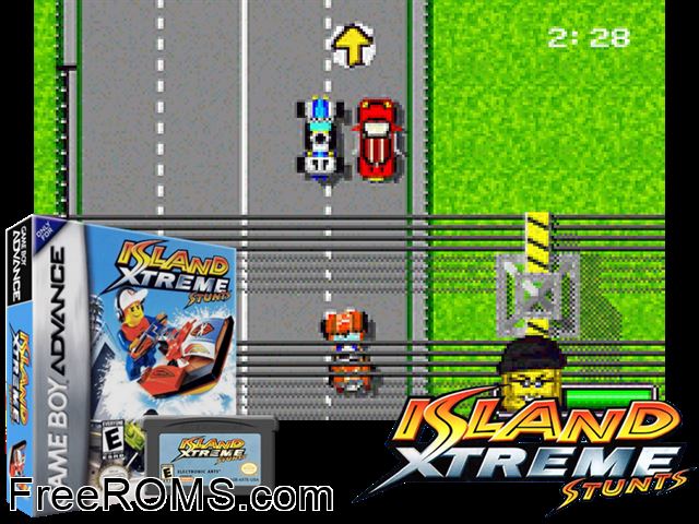 Lego Island - Xtreme Stunts Gameboy Advance game showing 3D box cover and gameplay screenshot