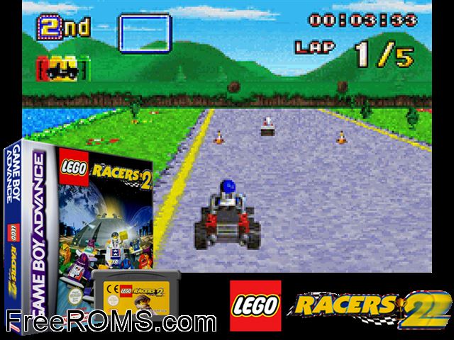 Lego Racers 2 Gameboy Advance game showing 3D box cover and gameplay screenshot