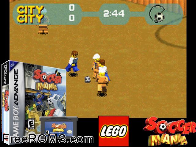 Lego Soccer Mania Gameboy Advance game showing 3D box cover and gameplay screenshot
