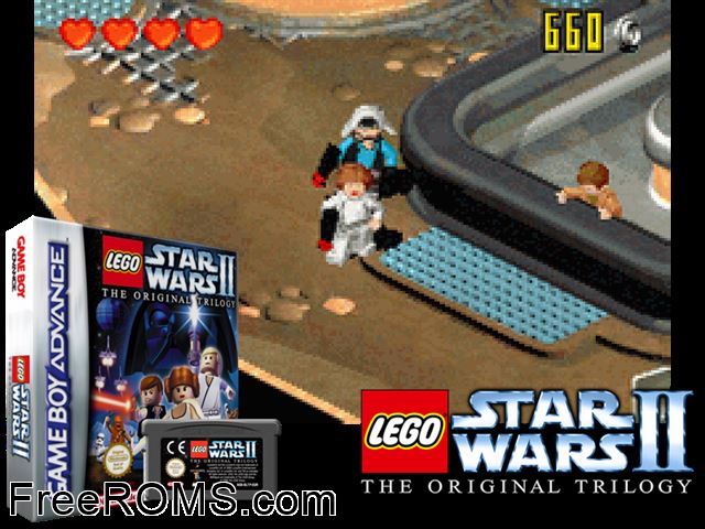Lego Star Wars II - The Original Trilogy Gameboy Advance game showing 3D box cover and gameplay screenshot