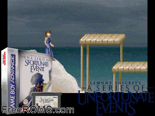 Lemony Snicket - Una Serie Di Sfortunati Eventi (Italy) Gameboy Advance game showing 3D box cover and gameplay screenshot