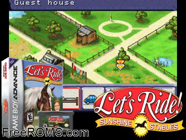 Let's Ride! - Sunshine Stables Gameboy Advance game showing 3D box cover and gameplay screenshot