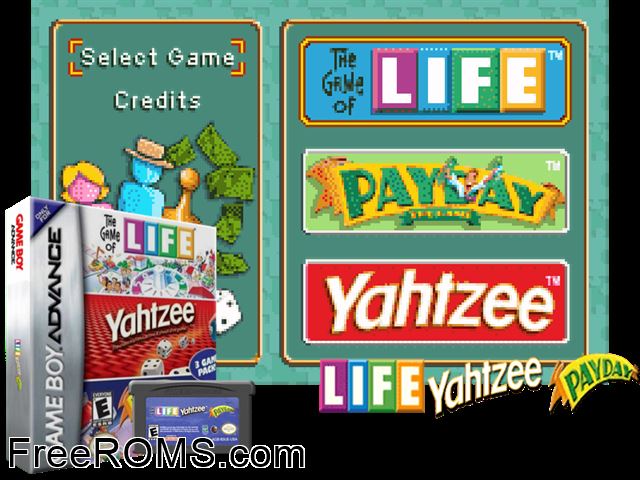 Life, Yahtzee, Payday Gameboy Advance game showing 3D box cover and gameplay screenshot