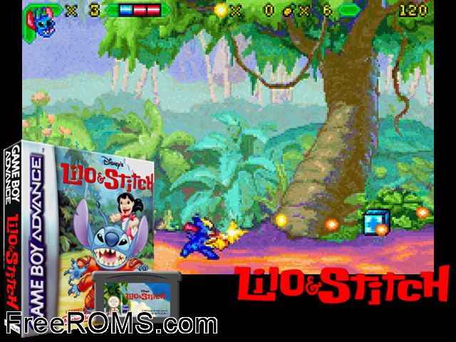 Lilo And Stitch Gameboy Advance game showing 3D box cover and gameplay screenshot