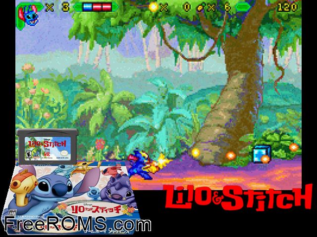 Lilo And Stitch (Japan) Gameboy Advance game showing 3D box cover and gameplay screenshot
