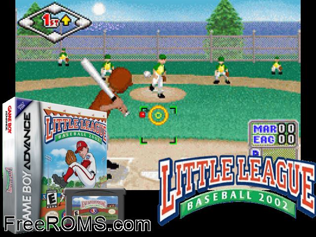 Little League Baseball 2002 Gameboy Advance game showing 3D box cover and gameplay screenshot