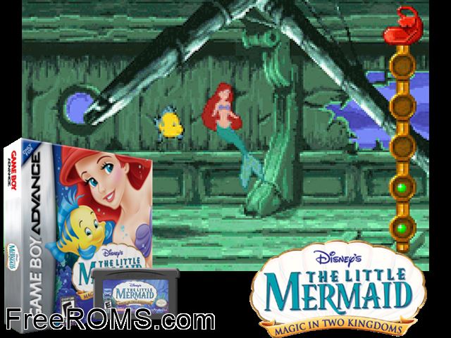 Little Mermaid, The - Magic In Two Kingdoms Gameboy Advance game showing 3D box cover and gameplay screenshot