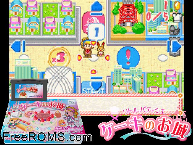 Little Patissier - Cake No Oshiro (Japan) Gameboy Advance game showing 3D box cover and gameplay screenshot
