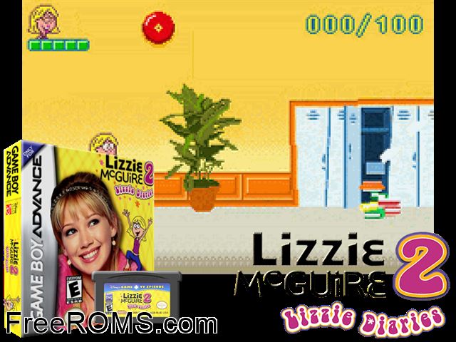 Lizzie Mcguire 2 - Lizzie Diaries Gameboy Advance game showing 3D box cover and gameplay screenshot