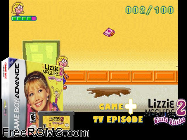Lizzie Mcguire 2 - Lizzie Diaries Special Edition Gameboy Advance game showing 3D box cover and gameplay screenshot