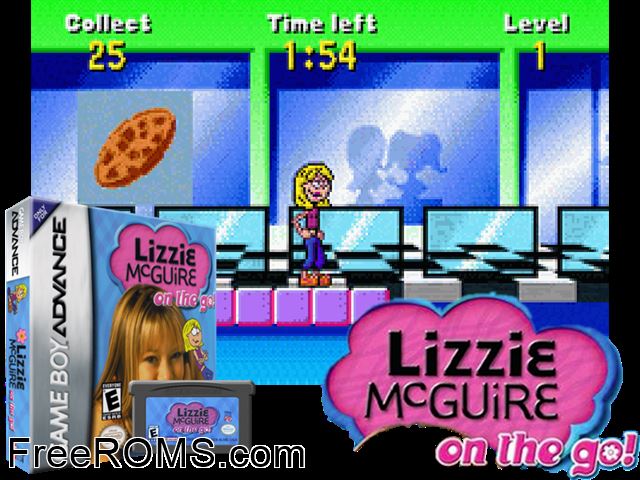 Lizzie Mcguire - On The Go! Gameboy Advance game showing 3D box cover and gameplay screenshot