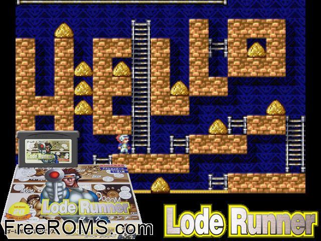Lode Runner (Japan) Gameboy Advance game showing 3D box cover and gameplay screenshot