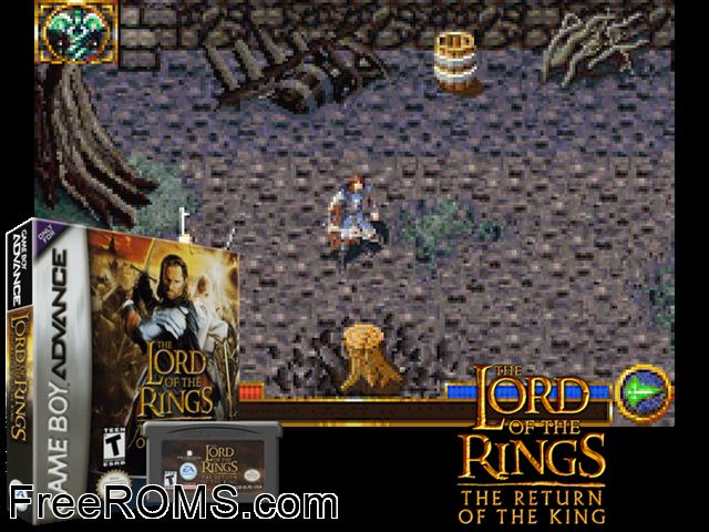 Lord Of The Rings, The - The Return Of The King Gameboy Advance game showing 3D box cover and gameplay screenshot