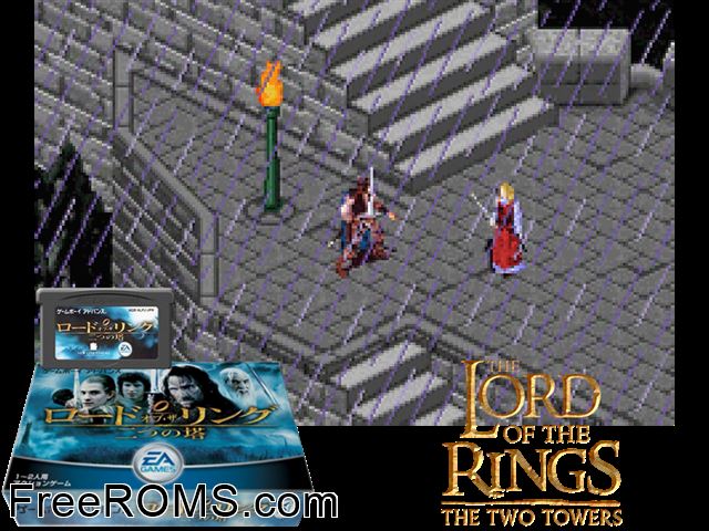 Lord Of The Rings, The - Futatsu No Tou (Japan) Gameboy Advance game showing 3D box cover and gameplay screenshot