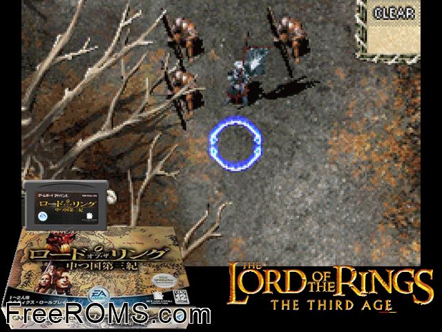 Lord Of The Rings, The - Nakatsukuni Daisanki (Japan) Gameboy Advance game showing 3D box cover and gameplay screenshot