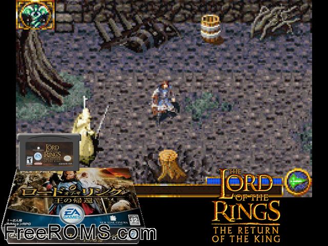 Lord Of The Rings, The - Ou No Kikan (Japan) Gameboy Advance game showing 3D box cover and gameplay screenshot