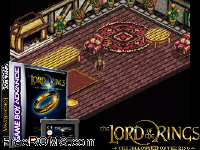 Lord Of The Rings, The - The Fellowship Of The Ring Gameboy Advance game showing 3D box cover and gameplay screenshot