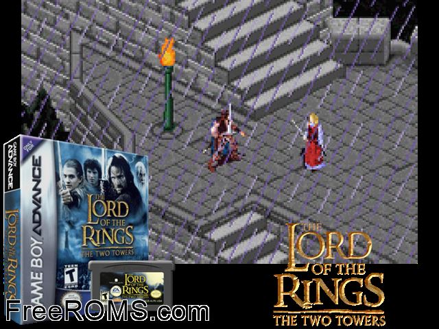 Lord Of The Rings, The - The Two Towers Gameboy Advance game showing 3D box cover and gameplay screenshot