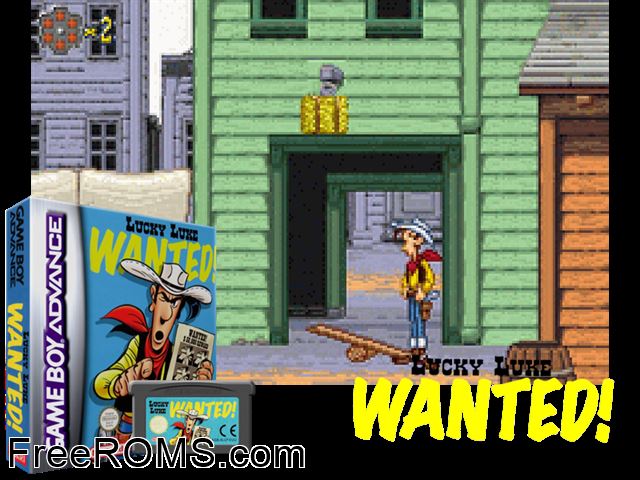 Lucky Luke - Wanted! Gameboy Advance game showing 3D box cover and gameplay screenshot