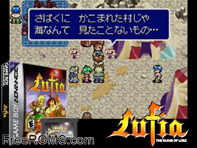 Lufia - The Ruins Of Lore Gameboy Advance game showing 3D box cover and gameplay screenshot