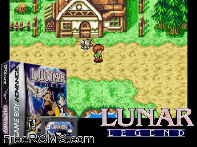 Lunar Legend Gameboy Advance game showing 3D box cover and gameplay screenshot