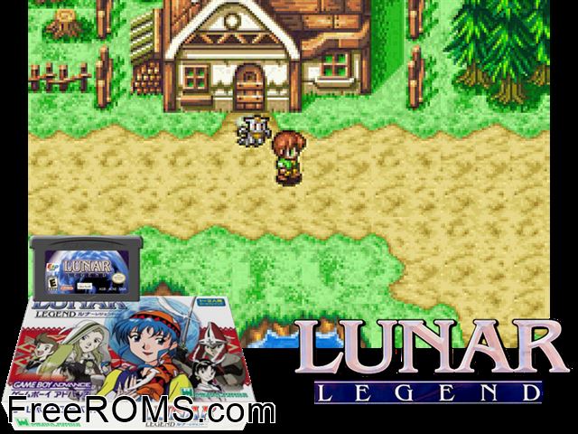 Lunar Legend (Japan) Gameboy Advance game showing 3D box cover and gameplay screenshot