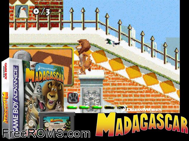 Madagascar Gameboy Advance game showing 3D box cover and gameplay screenshot