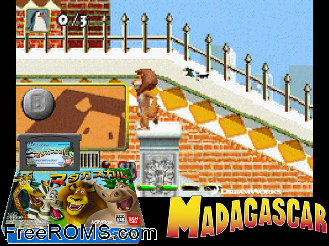 Madagascar (Japan) Gameboy Advance game showing 3D box cover and gameplay screenshot