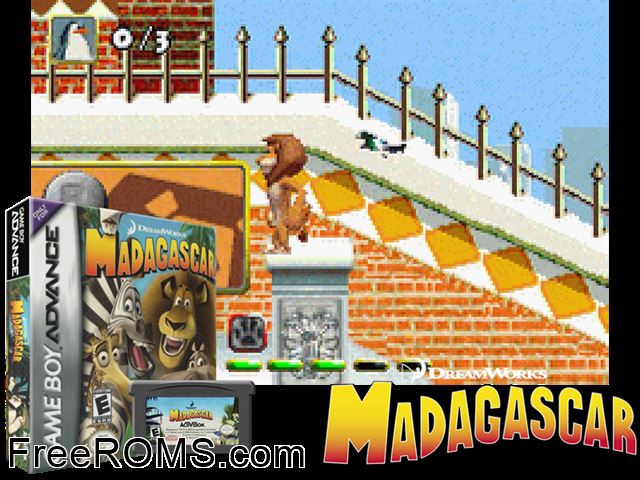 Madagascar (Spain) Gameboy Advance game showing 3D box cover and gameplay screenshot