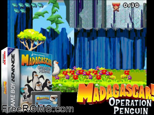Madagascar - Operacion Pinguino (Spain) Gameboy Advance game showing 3D box cover and gameplay screenshot