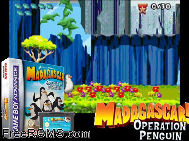 Madagascar - Operation Penguin (Dut+Ita) Gameboy Advance game showing 3D box cover and gameplay screenshot