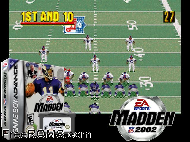 Madden NFL 2002 Gameboy Advance game showing 3D box cover and gameplay screenshot