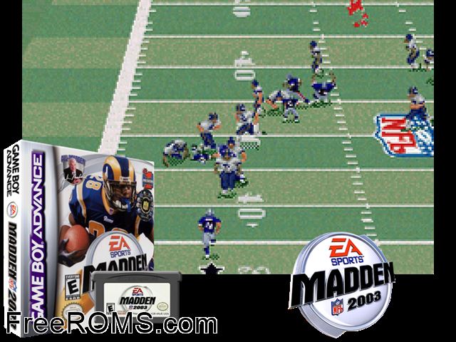 Madden NFL 2003 Gameboy Advance game showing 3D box cover and gameplay screenshot