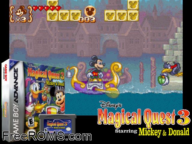 Magical Quest 3 Starring Mickey And Donald Gameboy Advance game showing 3D box cover and gameplay screenshot