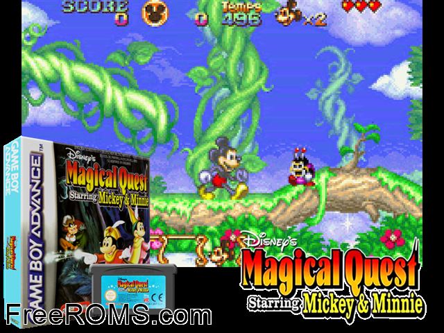 Magical Quest Starring Mickey And Minnie Gameboy Advance game showing 3D box cover and gameplay screenshot