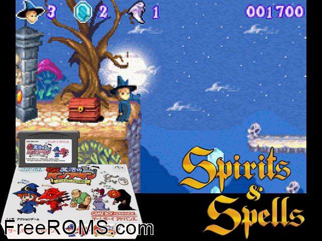 Mahou No Pumpkin - Ann To Greg No Daibouken (Japan) Gameboy Advance game showing 3D box cover and gameplay screenshot