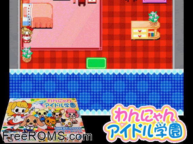 Majokko Cream-Chan No Gokko Series 1 - Wannyan Idol Gakuen (Japan) Gameboy Advance game showing 3D box cover and gameplay screenshot