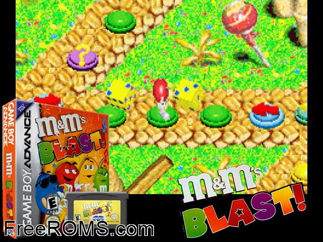 Mandm's Blast! Gameboy Advance game showing 3D box cover and gameplay screenshot