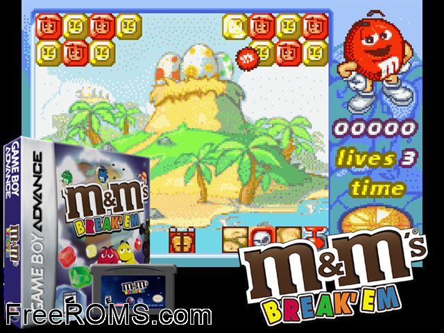 Mandm's Break 'Em Gameboy Advance game showing 3D box cover and gameplay screenshot