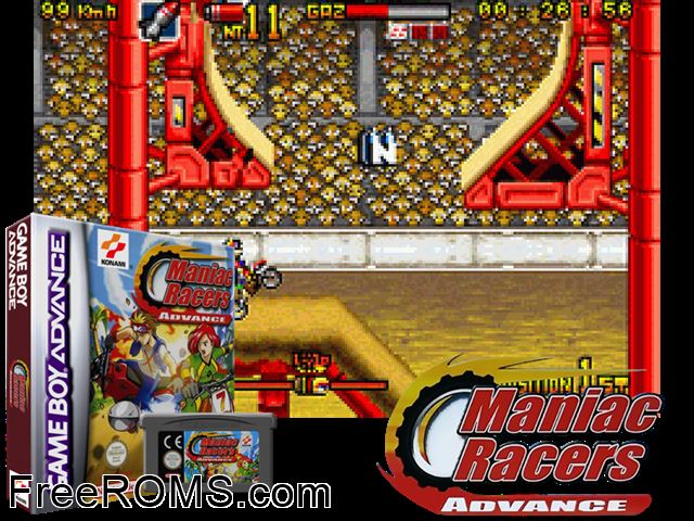 Maniac Racers Advance Gameboy Advance game showing 3D box cover and gameplay screenshot