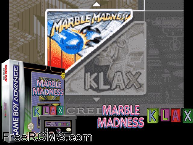 Marble Madness, Klax Gameboy Advance game showing 3D box cover and gameplay screenshot
