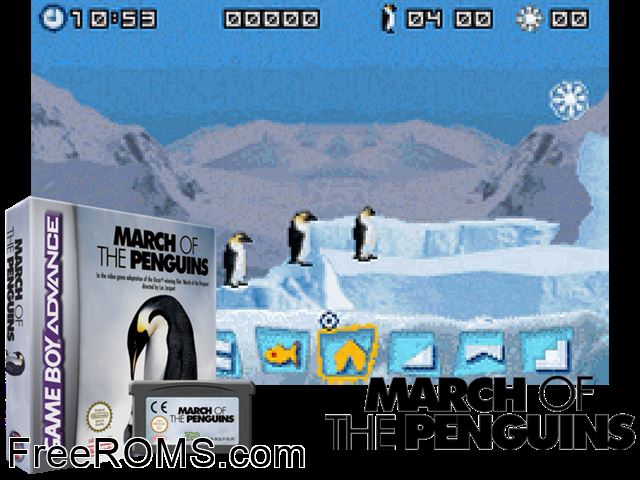 March Of The Penguins Gameboy Advance game showing 3D box cover and gameplay screenshot